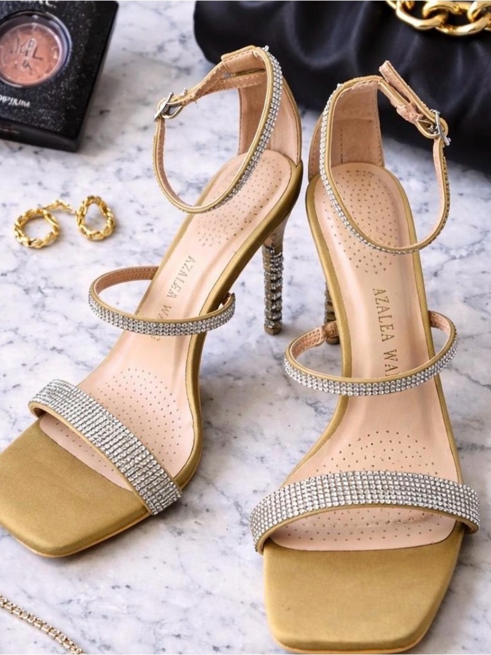 Azalea Wang Gold Rhinestone Strappy Stiletto Heels Square Toe